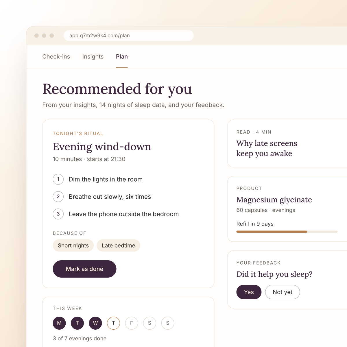 Wellness platform recommendations screen with an evening practice, a piece of content, and a product with its refill date and a feedback question